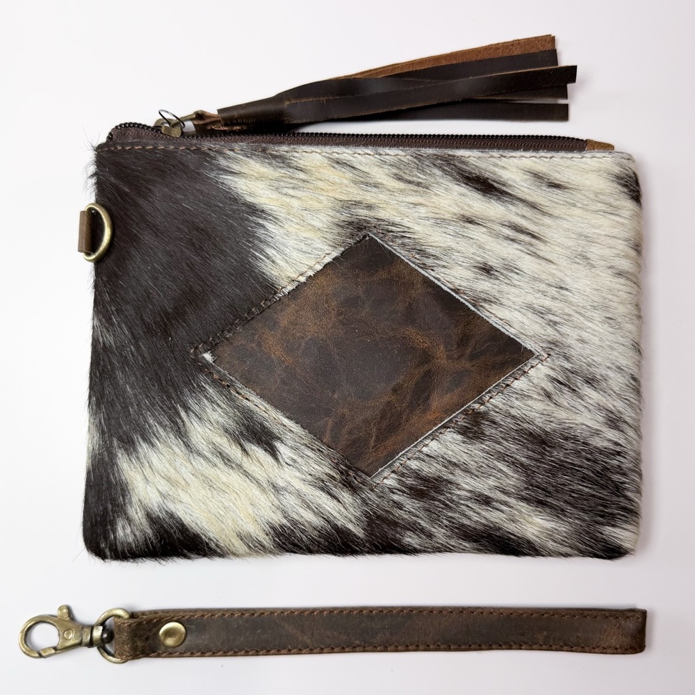 Cowhide Leather Wristlet Clutch - Black & White with Brown Accent